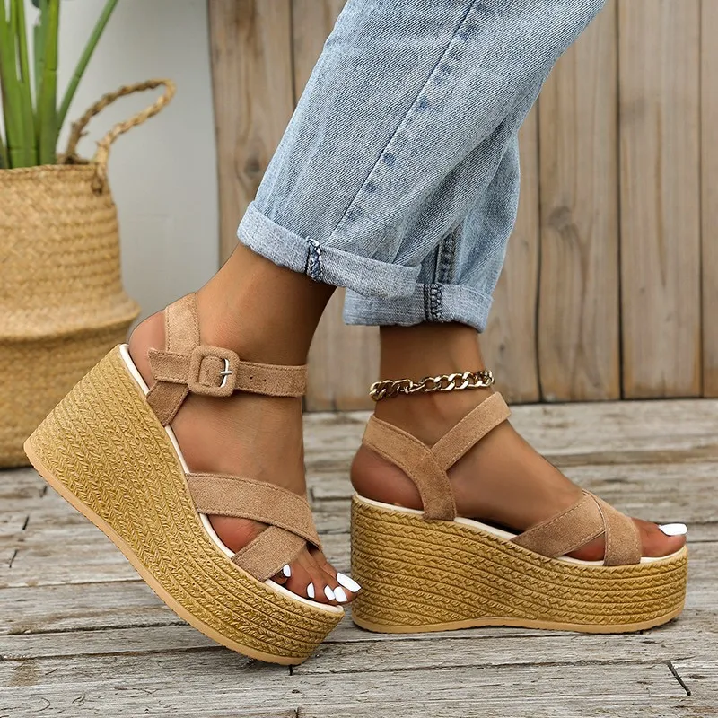 Fashion Wedge Sandals for Women Summer 2023 Casual Non-slip Peep Toe Platform Shoes Rubber Sole Buckle Elegant Heels Women