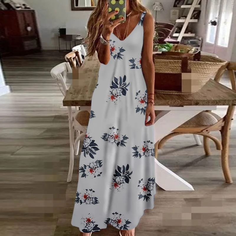 

KAWAICAT Women Sleeveless Casual Dresses Slim Long Floral Slip Dress Mid-waist A-line Skirt