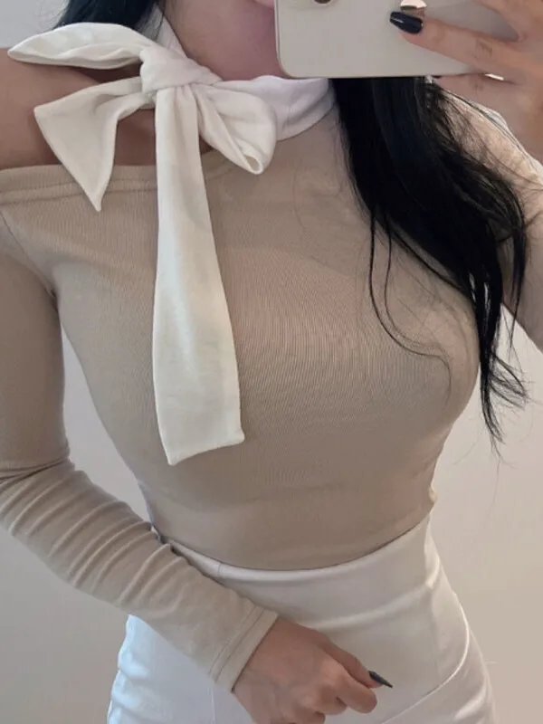 Осень/зима корейская версия бант шнуровка косой воротник пуловер с открытыми