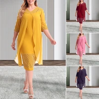 50hotv neck half sleeve solid color women dress chiffon cape design fake two pieces plus size dress female clothes