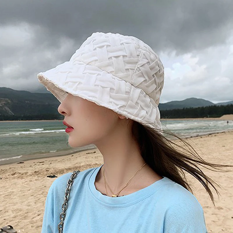 

Wide Brim Bucket Hat Women Outdoor Summer Brim Sun Hats Spring Summer Plaid Chiffon Comfortable Breathable Hats