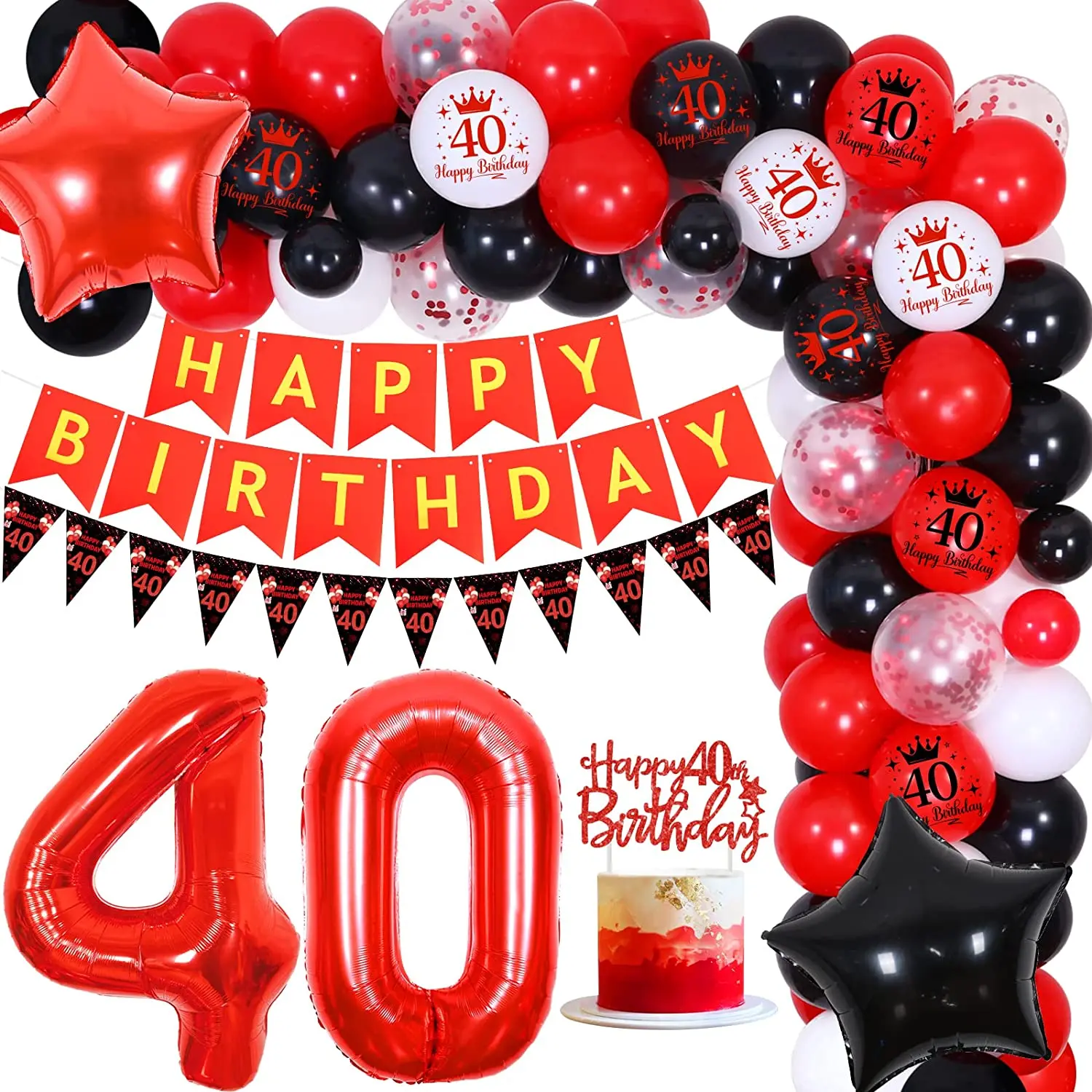 

40th Birthday Decorations Men Women Red Black 40th Happy Birthday Banner Balloon Arch Cake Topper for 40 Birthday Party Supplies