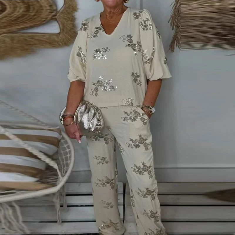 Женский топ и брюки с V-образным вырезом рукавами 3/4 костюмы повседневные