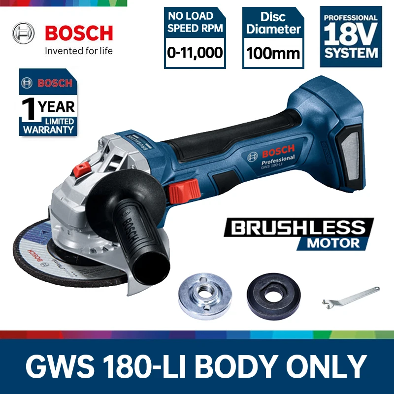 Bosch Cordless Angle Grinder GWS 180-LI Brushless Motor Rechargeable Portable Cutting Machine Polisher 18V Impact Grinding Tools