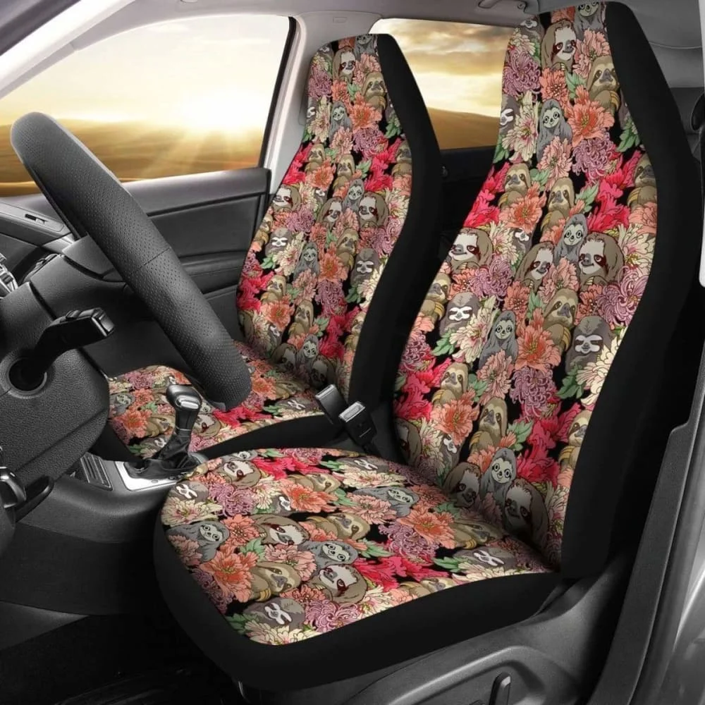 Cute Sloths With Flowers Sloth Car Seat Covers Pack of 2 Universal Front Seat Protective Cover
