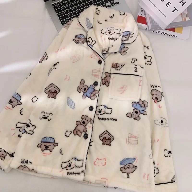 Coral Fleece Pajamas Women Autumn and Winter Fleece-lined Thickened Warm Flannel Cute Cartoon Plus size 00.00kg Homewear