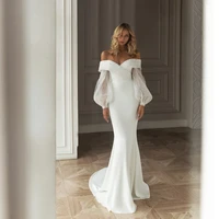 mermaid long puff sleeves wedding dresses 2022 off the shoulder simple satin bridal gowns elegant princess vestido de novia