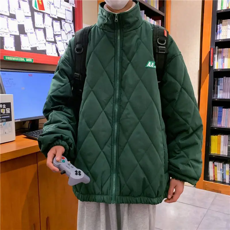 Padded men's winter diamond-shaped lattice port trend brand ins loose ruffian handsome stand-up collar padded jacket all-match