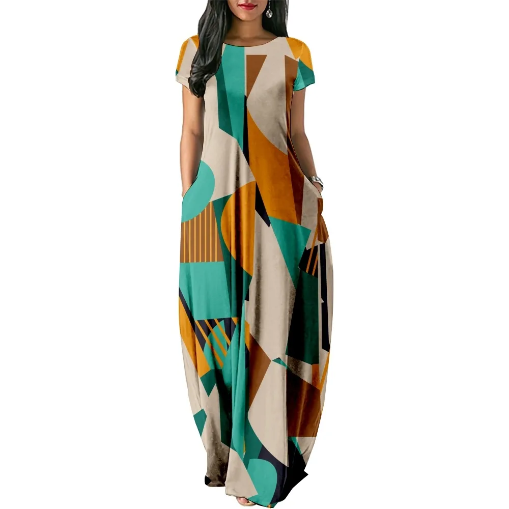 

Irregular Pattern Print Style Print Women Casual Short Sleeve Dress Loose Long Double Pocket Dress Women Dress