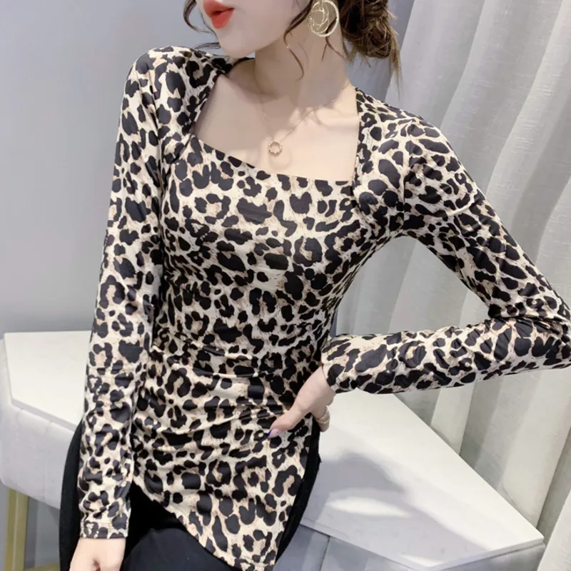 

Футболка женская с леопардовым принтом, эластичная хлопковая Асимметричная рубашка с квадратным вырезом, уличная одежда в стиле хип-хоп, черный белый цвет