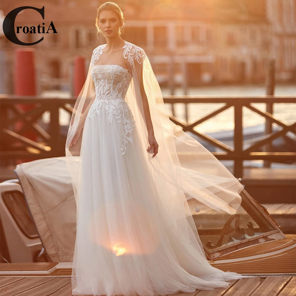 

Croadia Fashion Netting Wedding Dresses Applique Cape Boat Neck 2023 Marriage For Women Appliques Vestidos De Novia Custom Made