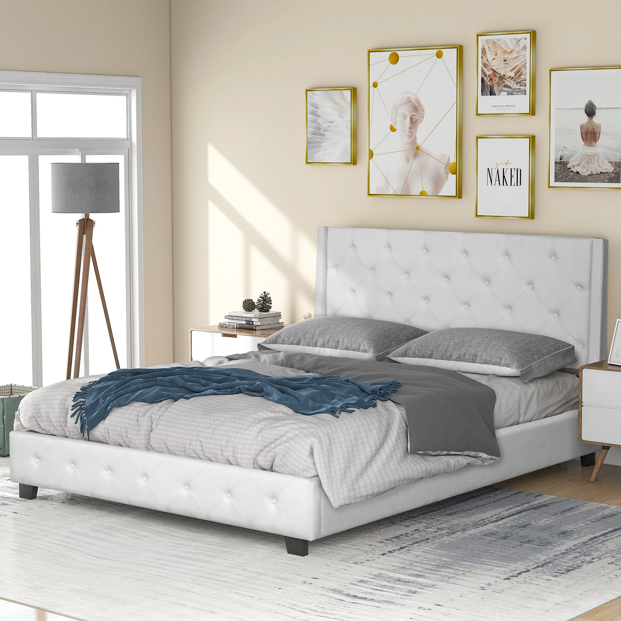 

Upholstered Platform Bed,No Boxing Spring Needed, Queen, Beige