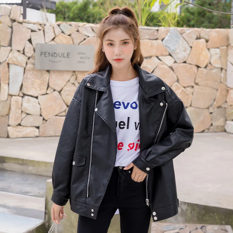 2022 Spring  Autumn Leather Coat Women's Short Korean Fashion Loose Student Bf Motorcycle Leather Jacket  Korean Black Loose Top