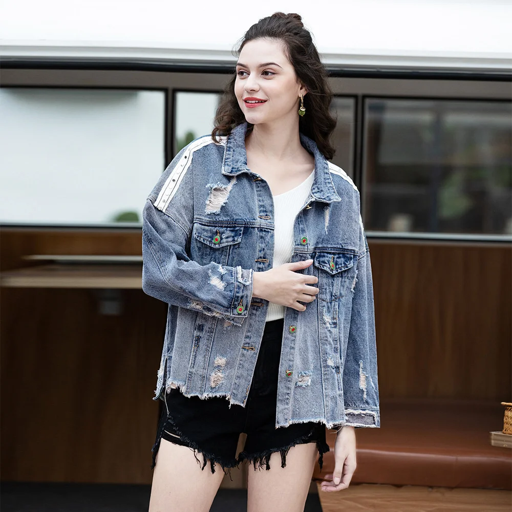 

Women 02New Jacket Quality Winter Oversize Denim Jackets Blue Jeans Coat Turn-down Collar Casual Outwear Bomber Jacket girl
