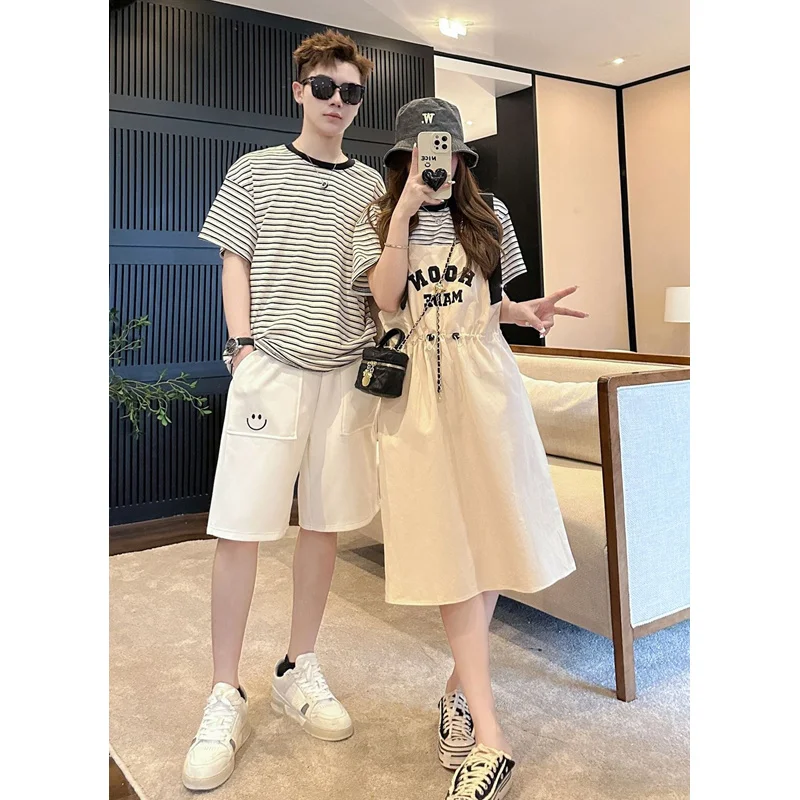 

Family Clothes Korean Fashion Summer Couples Outfit Mom Daughter T-shirt Suspender Dress Dad Son Striped Tee Shirt Shorts Sets