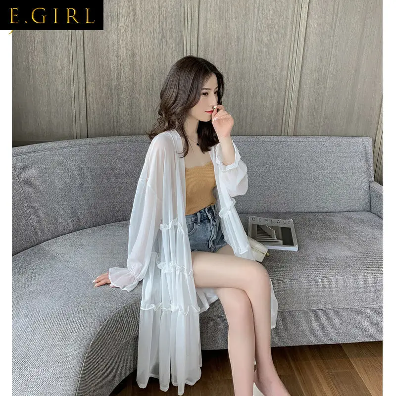 Jackets Women Butterfly-sleeve Ruched Loose Thin Chiffon Outerwear Summer Solid Color Sun-proof Korean Style Fairy Elegant Chic