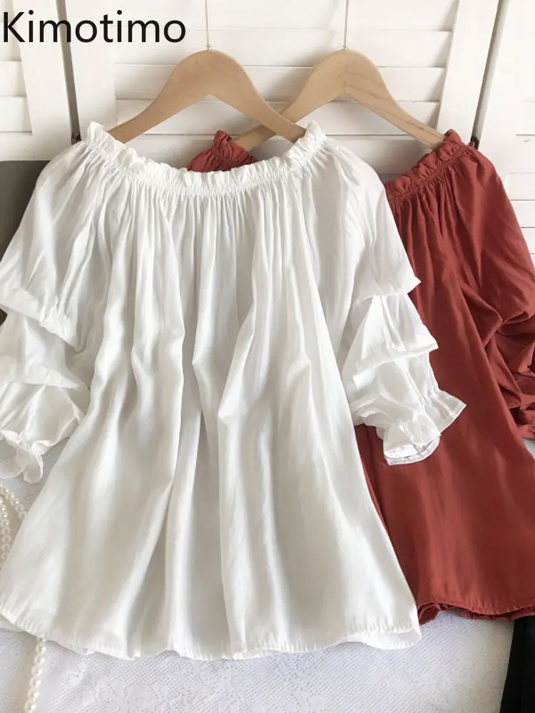 

Блузка Kimotimo женская с открытыми плечами и пышными рукавами, однотонный Тонкий Топ свободного покроя с воротником «одно слово», модная повсе...