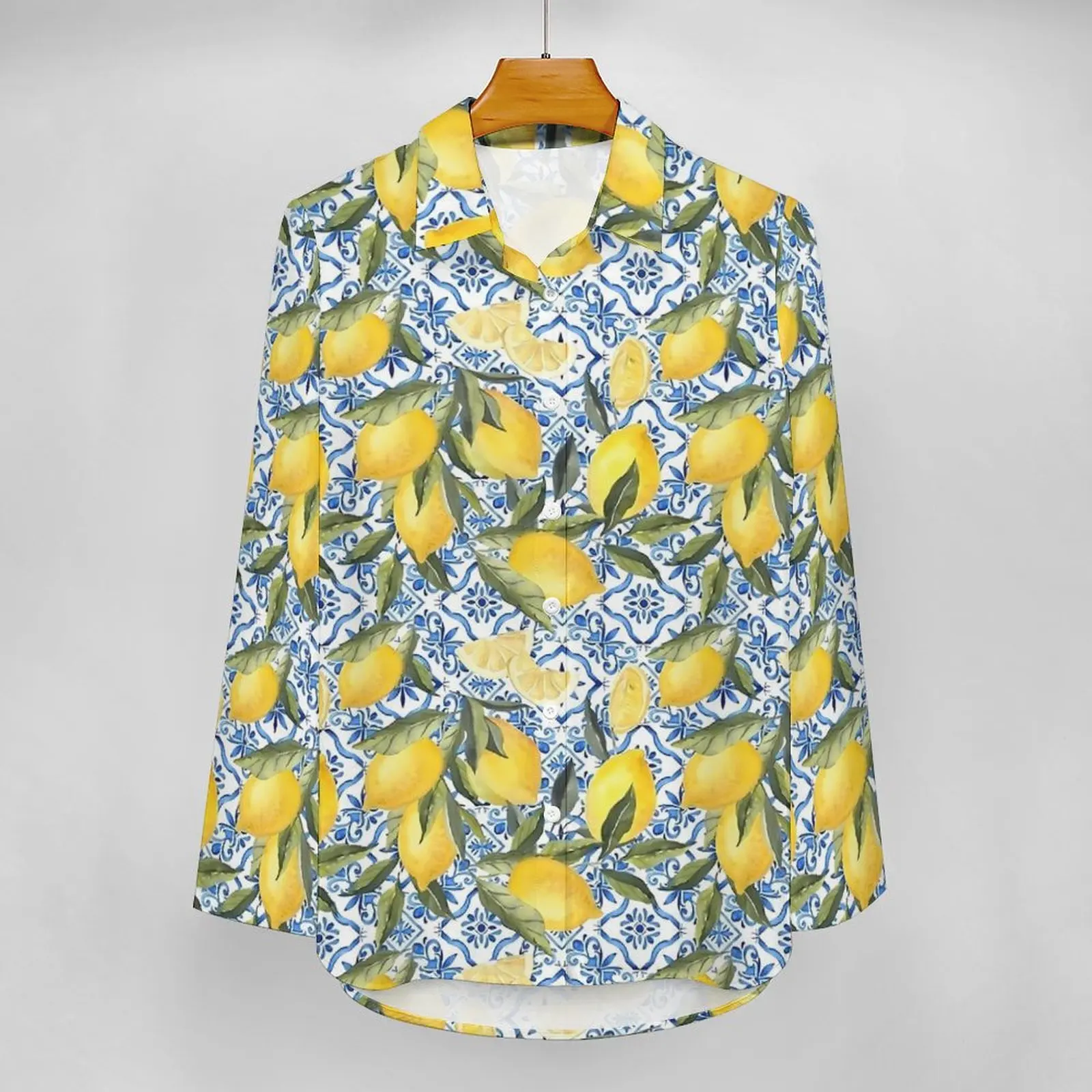 Винтажная лимонная блузка женская сине-белая плитка модные свободные блузки