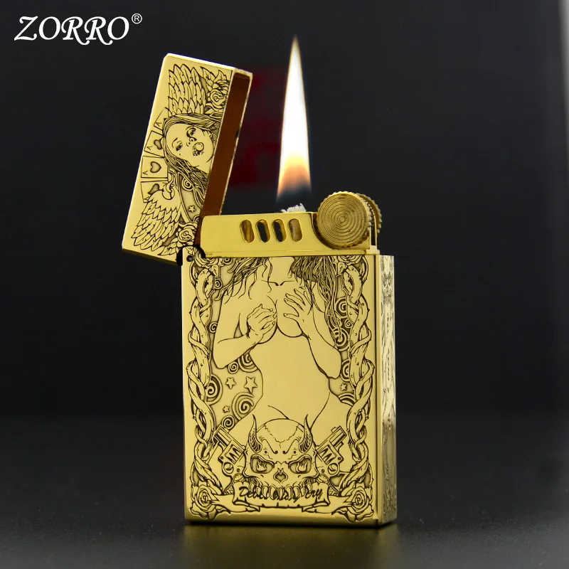 

Zorro 552 Clear Loud Voice "Golden Demon" Fine Carved Pure Copper Piano Sound Windproof Kerosene Lighter Cigarette Set Gift