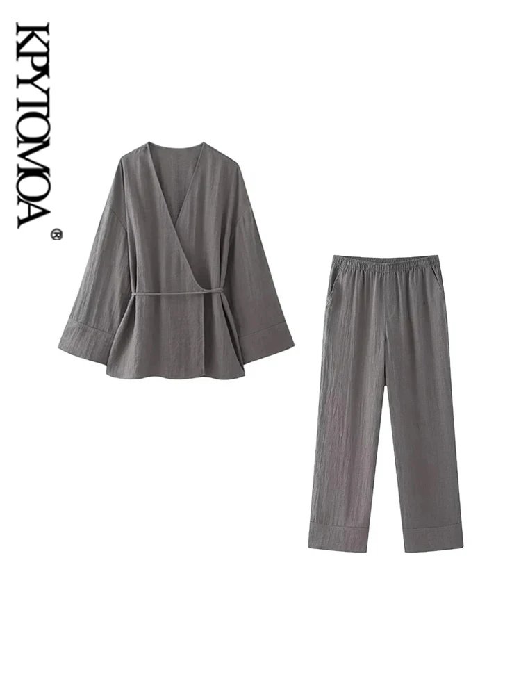 KPYTOMOA Женское Текстурированное Кимоно Комплект Из Блузки И Брюк