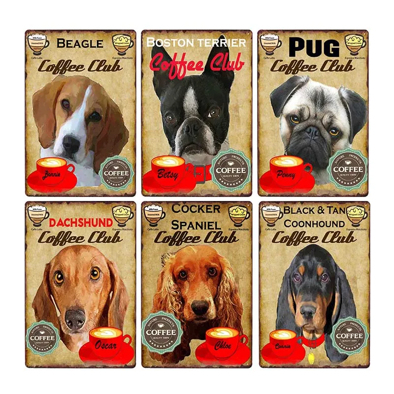 

Dog Coffee Club Poster Vintage Metal Tin Signs Retro Plaque Cafe Decorative Pub Plate Decoration Home Decor 20x30cm