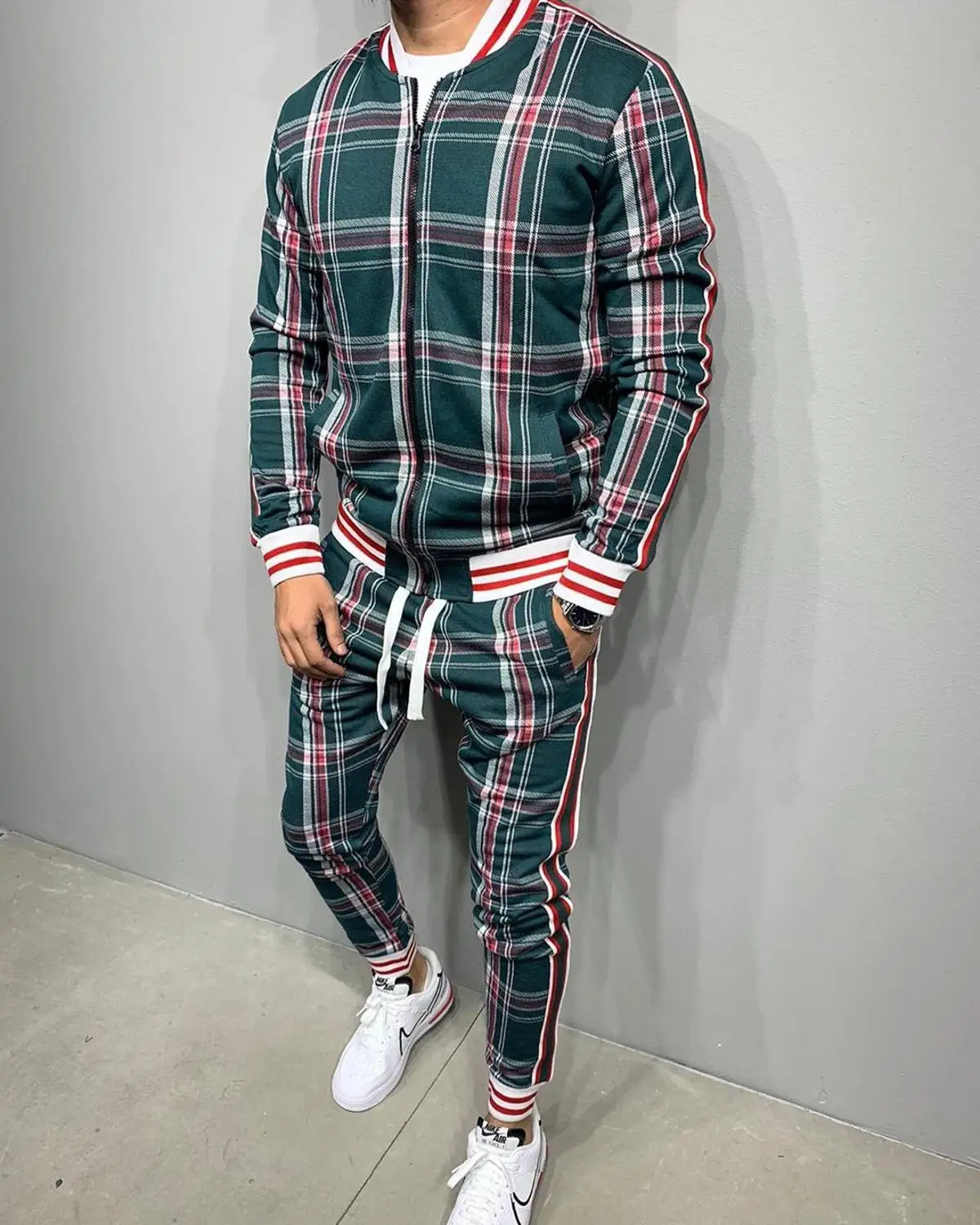 

Men' 3D Plaid Sports Gentlemen Sets Jacket Men Set Tracksuit Street Fashi Trend Fashion Stand-up Collar Zipper Sportswear Suit