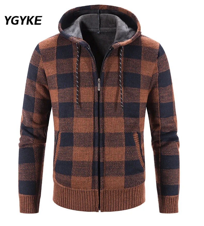 

Autumn And Winter Men's Plaid Hooded Long-Sleeved Zippered Hooded Cardigan Fashion Sweater Coat Cardigan Casual Large Size