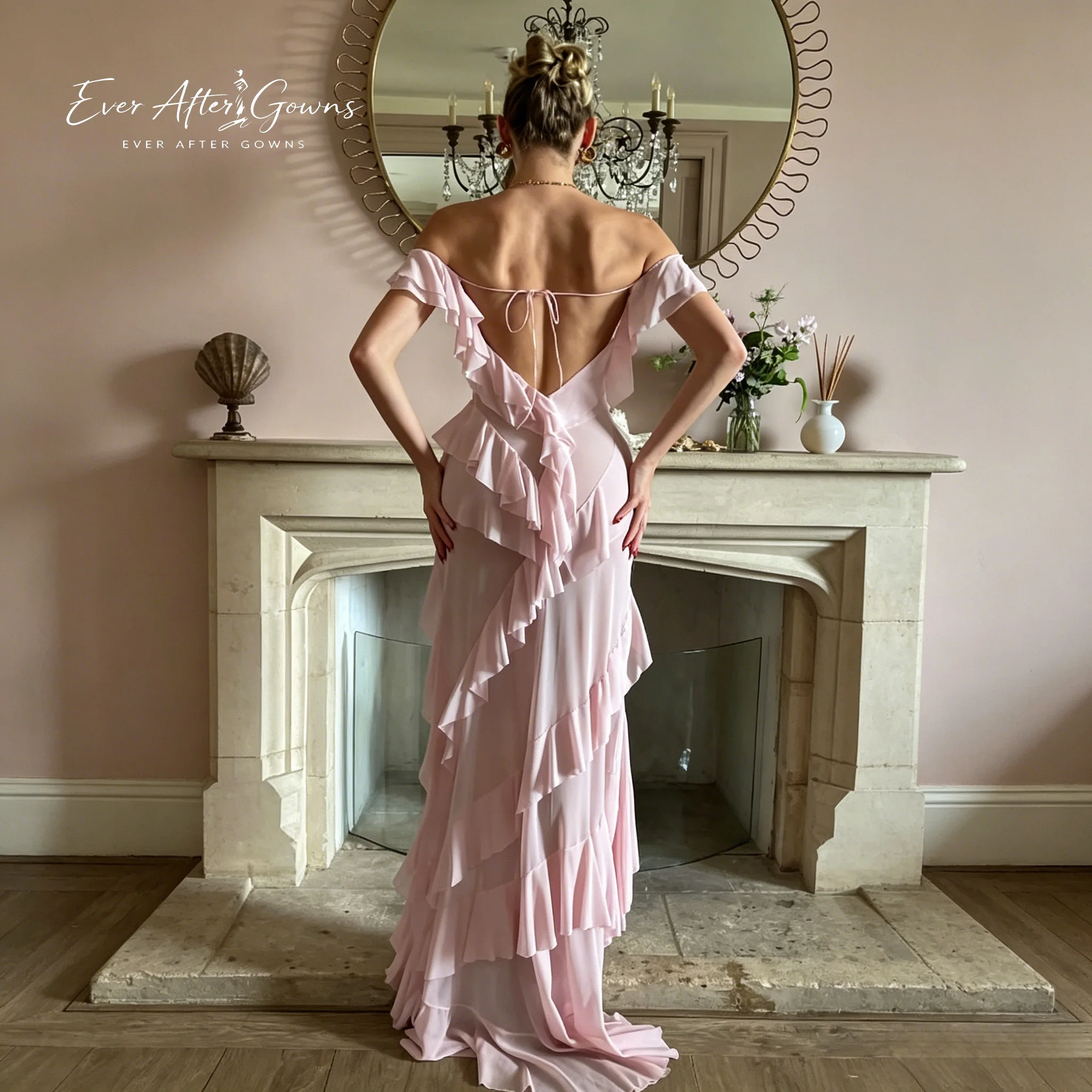 Фото Платье Ever After Gowns цвета пыльной розы с открытыми плечами, асимметричное макси-платье из шифона с оборками для гостей на свадьбу и коктейльных вечеринок №2