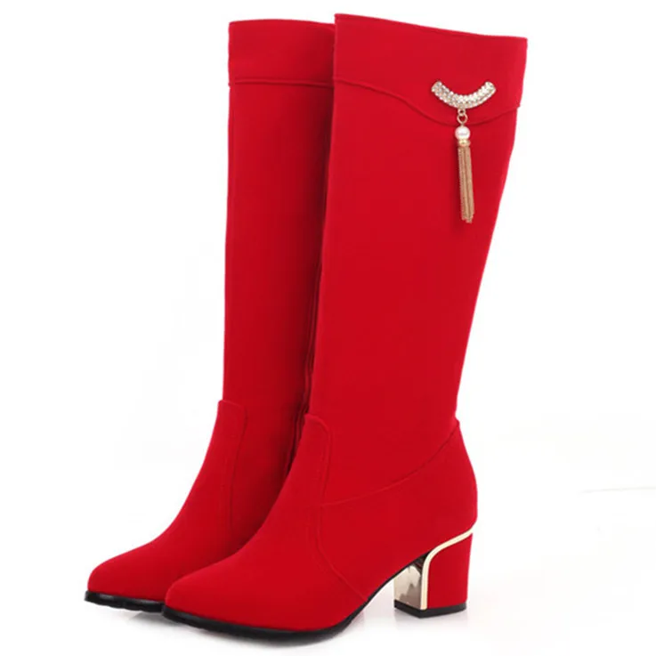 

Black Red Flock Women's High Boots Luxury Casual Low Heels Fashion Long Party Shoes Female Autumn Winter Knee High Boots Women