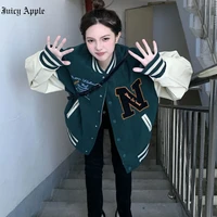 juicy apple bomber woman varsity jacket vintage baseball jackets womens winter coats fashion green long sleeves bombers coat
