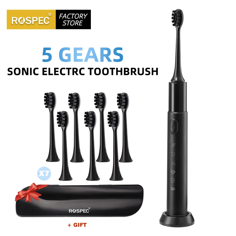 ROSPEC-cepillo de dientes eléctrico sónico para adulto, ET-023 recargable por USB, resistente al agua, 8 cabezales de repuesto