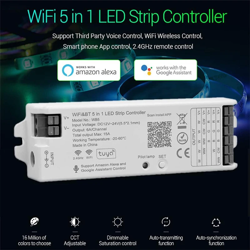 Фото DC12-24V WB5 5 в 1 RGB CCT Светодиодный контроллер с изменением цвета Wi-Fi Беспроводная группа синхронизации 360 Вт Поддержка Alexa и Google Home №2