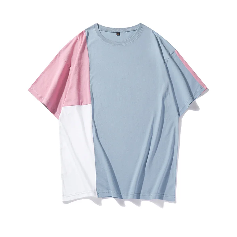 

Summer Hip Hop Streetwear T-Shirts For Men And Women Couple Pink Blue Color Matching Personality Trendy Short Sleeve Loose Tops
