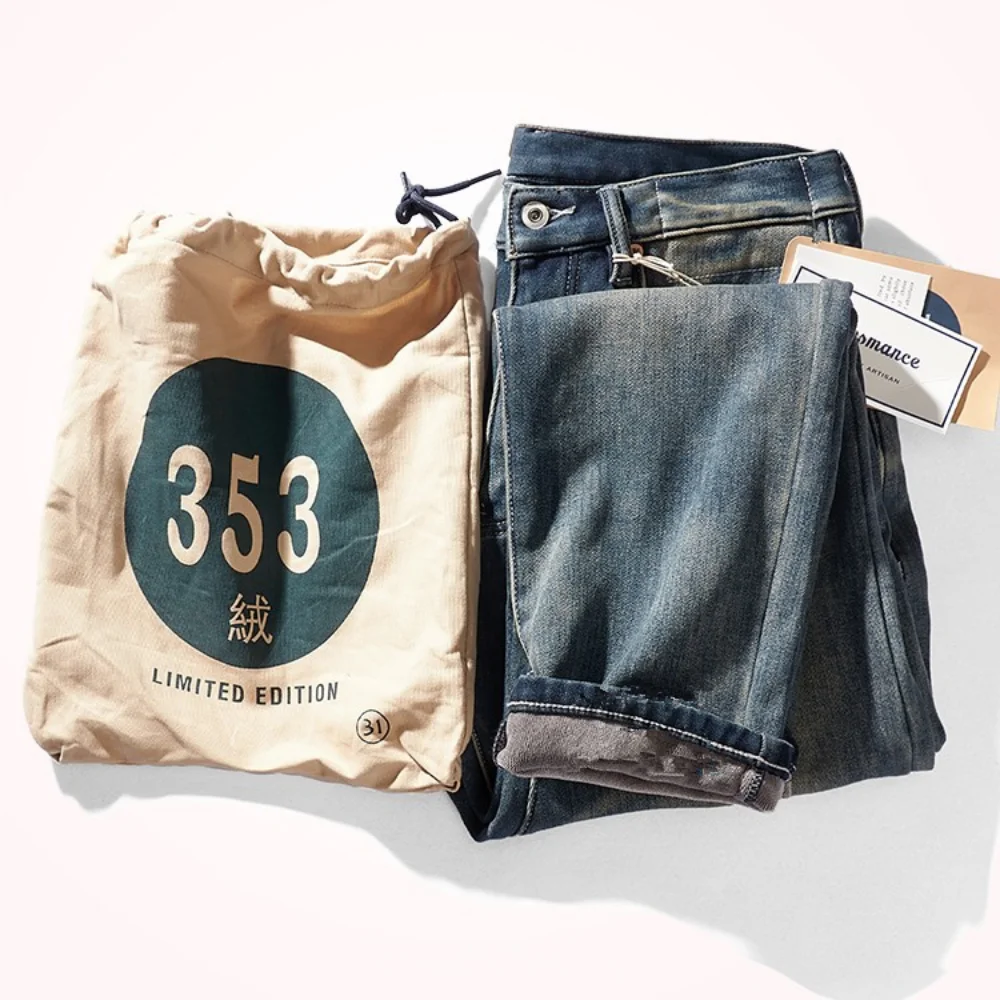 Plush jeans men's winter thickened warm denim pants comfortable elastic worn tapered small straight pants men's