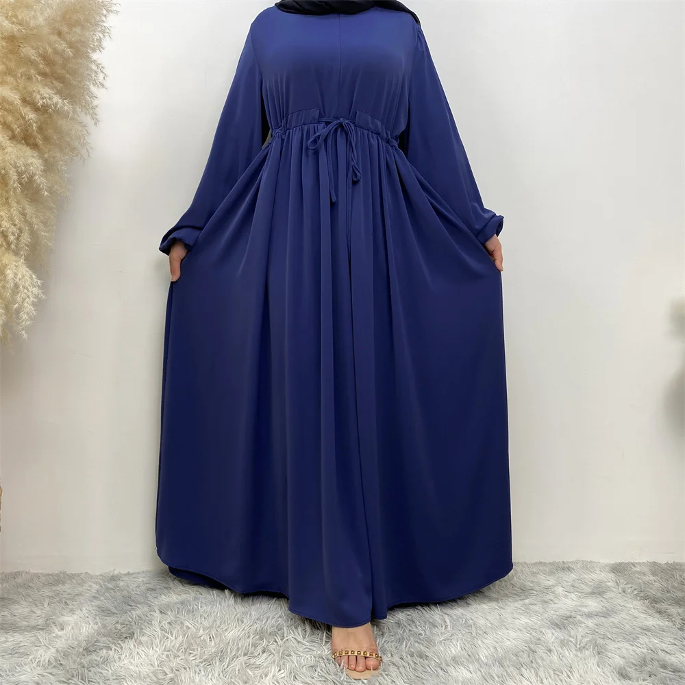 Muslim minimalist design with solid elastic sleeves and front zipper for elegant and versatile swing dress 6692