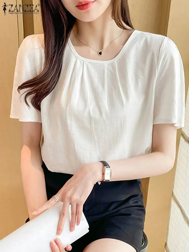 

Summer Elegant Shirt Women Blouse ZANZEA Causal Loose Work Party Tops Femme O Neck Short Sleeve Blusas Tunic Oversize Chemsie