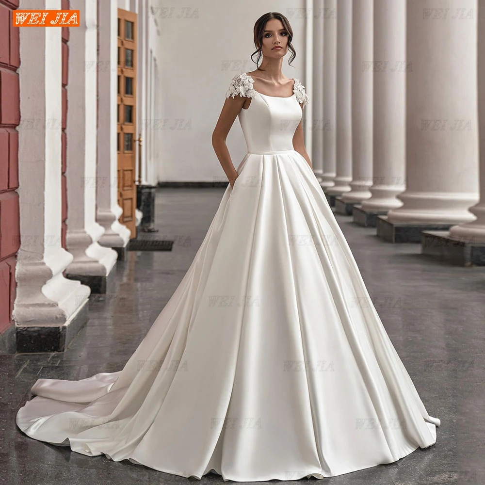 

A Line Bridal Gown Satin Wedding Dress Fow Women Elegant Cap Sleeve Scoop Neck Flowers Court Train Made WEI JIA