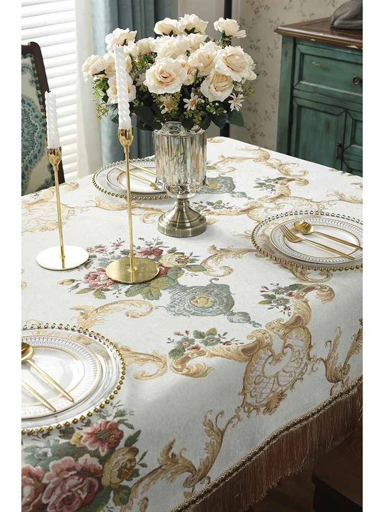 European-Style Mirror Chenille Three-Dimensional Jacquard Rectangular Living Room Tablecloth Fringed Lace Round Tablecloth