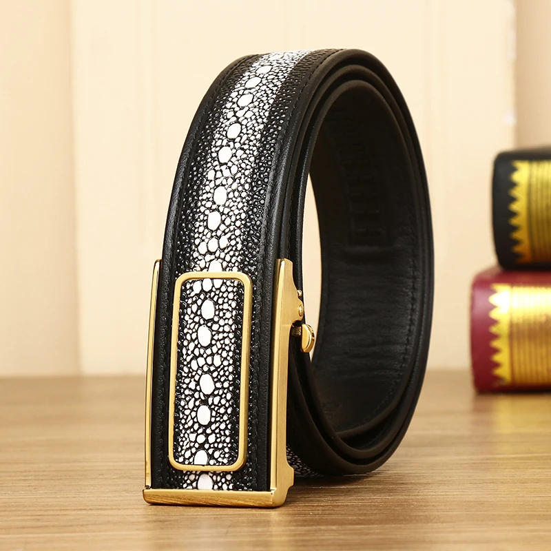 New leather belt young men and women business tie-in pearl fish belt top-grade stainless steel automatic buckle belt