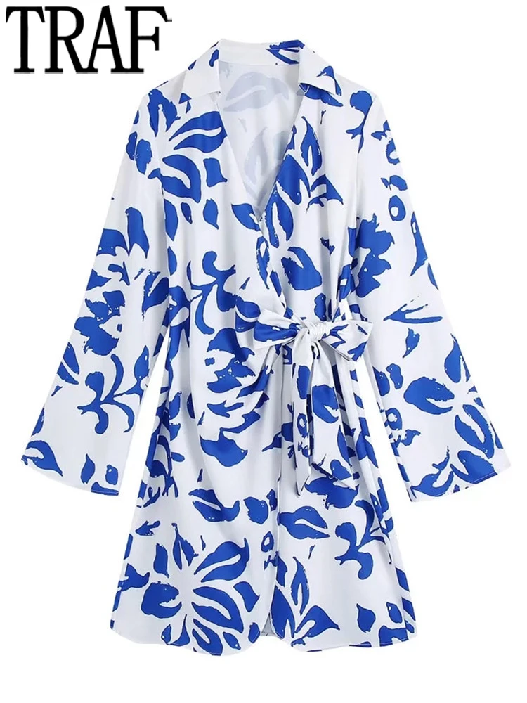 

TARF Blue Printed Short Dresses For Women 2022 Knot Wrap Mini Beach Dress Woman Long Sleeve Female Dress Summer Casual Dresses