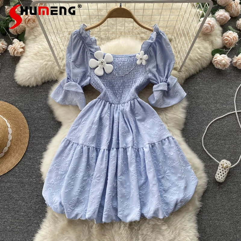 

French Sweet Puff Sleeve Jacquard Short Party Dress Temperament Slimming Gentle Platycodon Grandiflorum Fairy Dresses Female