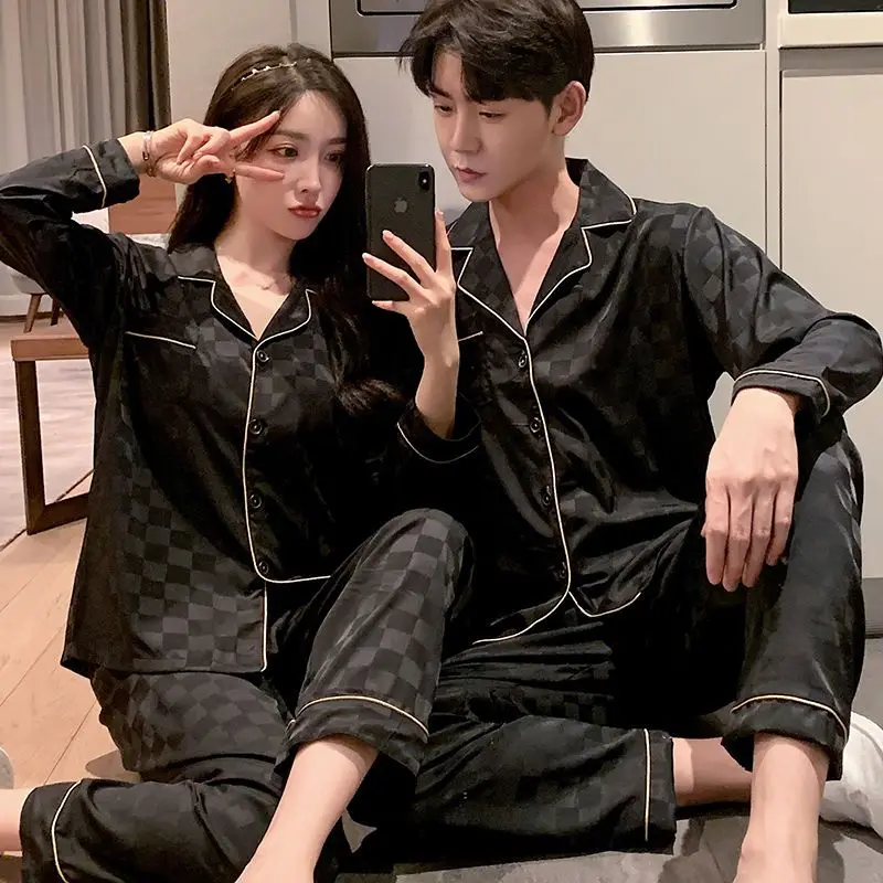 Lovers pajamas female paragraphs in the spring and autumn long thin ice silk leisurewear emulation silk male suits summer