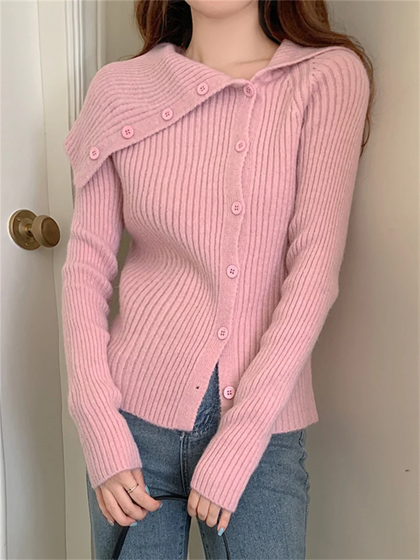 Женский трикотажный кардиган с косым воротником Alien Kitty Элегантный Теплый