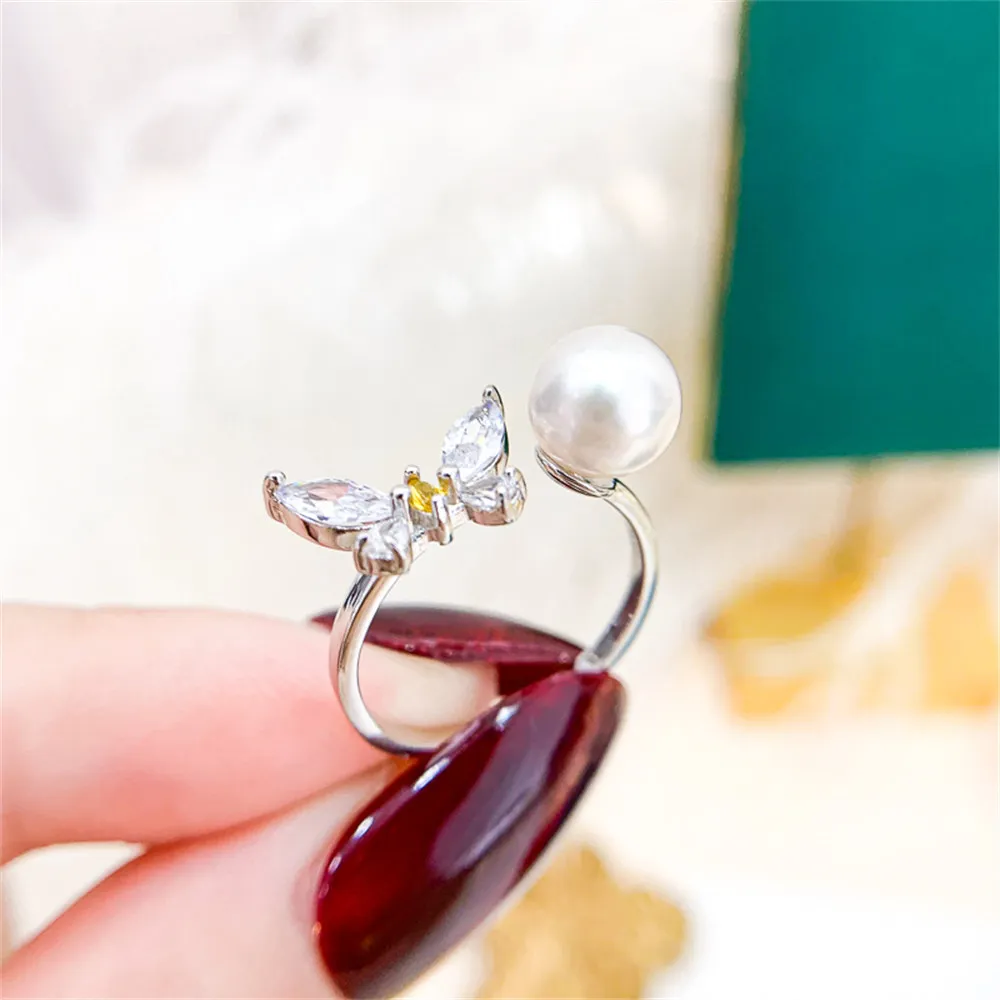 

DIY Pearl Small Accessories S925 Sterling Silver Ring Empty Holder Butterfly Ring Silver Jewelry Holder with 7-9mm Beads