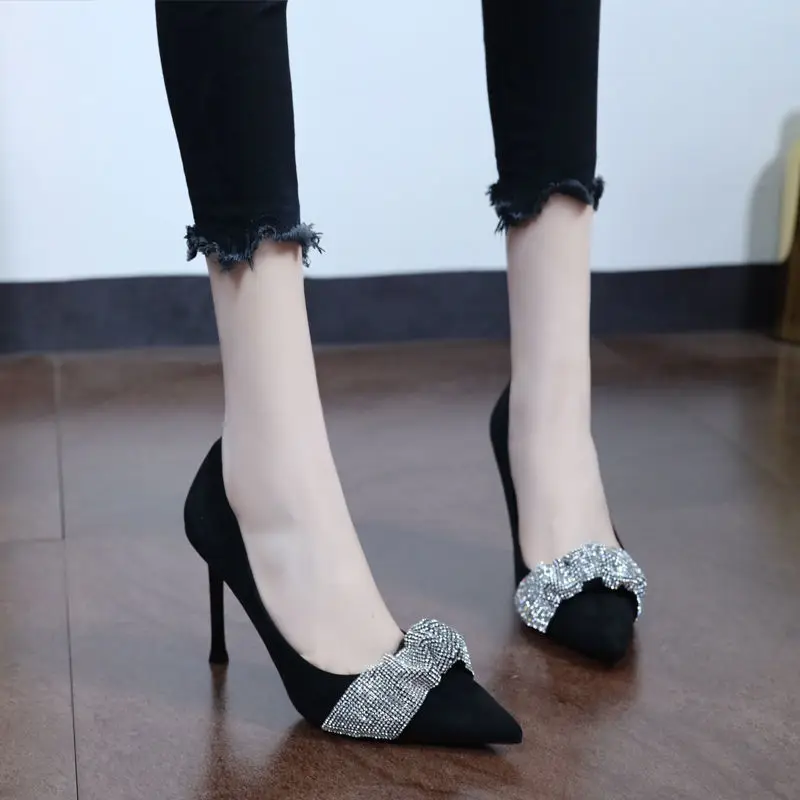 

Shallow Mouth Black Single Shoes Women Pumps Pointed Toe High Heels Shiny Bowknot Rhinestone Stiletto Temperament Wedding