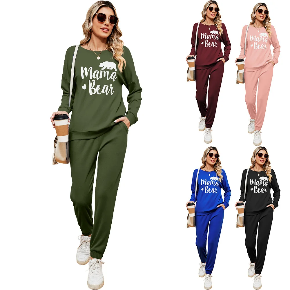 

Europe and the United States autumn and winter new solid color loose printed hoodie trousers casual suit for women