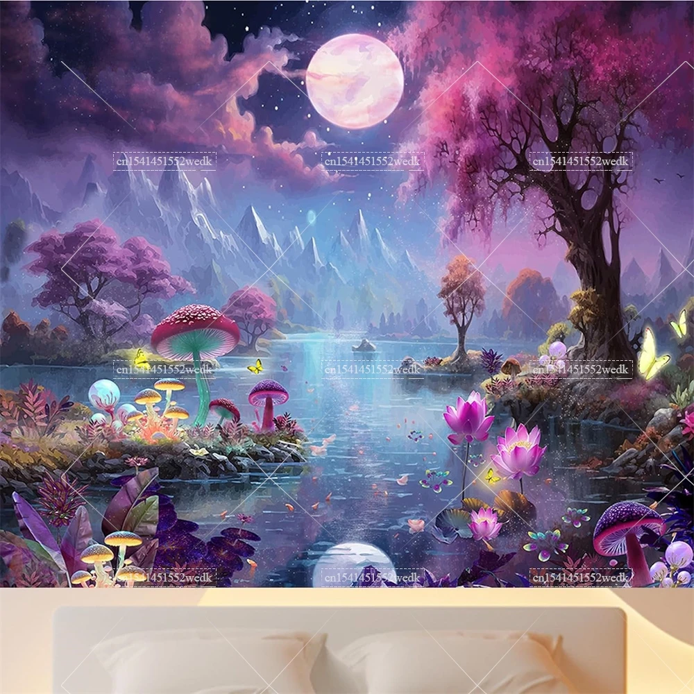 Неоновый гобелен в виде грибов бабочек черного света УФ-реактивный лес горы