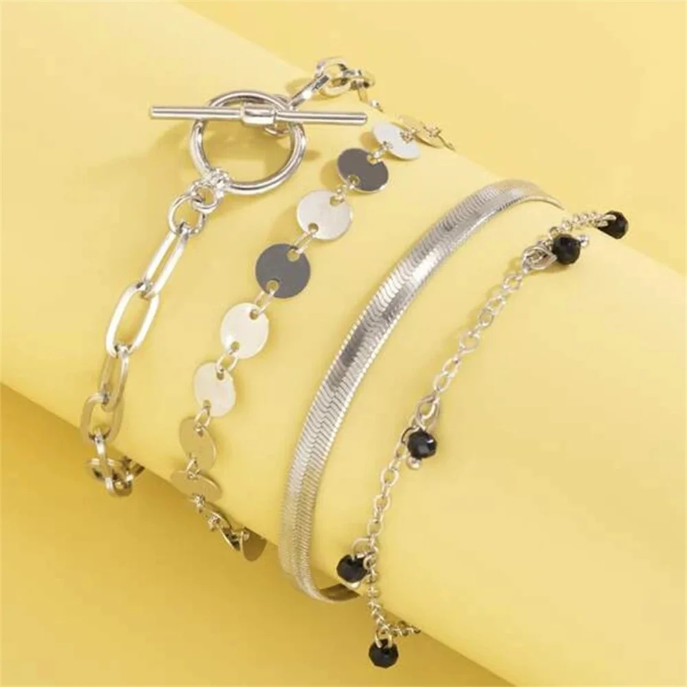 Винтажная золотистая плоская цепочка с подвеской из черного бусинного диска и геометрическим браслетом для женщин в стиле бохо, модный украшения подарок.