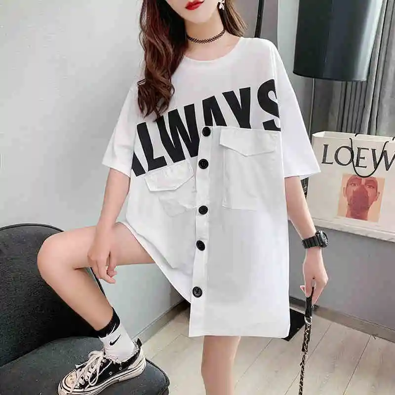 

VANOVICH 2022 Summer New Korean Style Fashion O-neck Pockets Loose Top Character Oversized Temperament Casual Pullover T-shirt