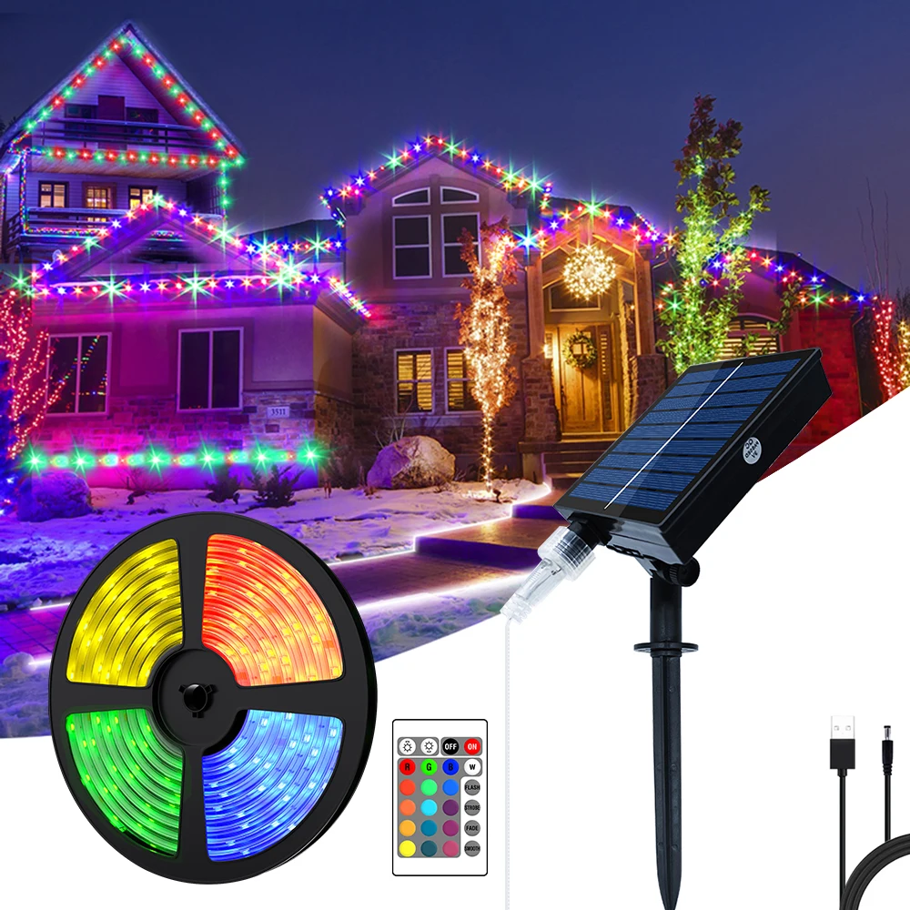 

RGB LED Light Strip 5050 Remote Control USB Rechargeable Solar Lamp, Christmas Lights, Outdoor Party Decoration.